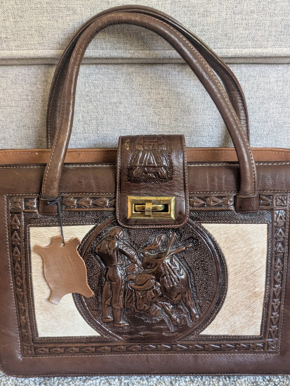 1960s MONTIEL Matador & Bull Tooled Leather Handbag Cowhide Panels Aztec Motif